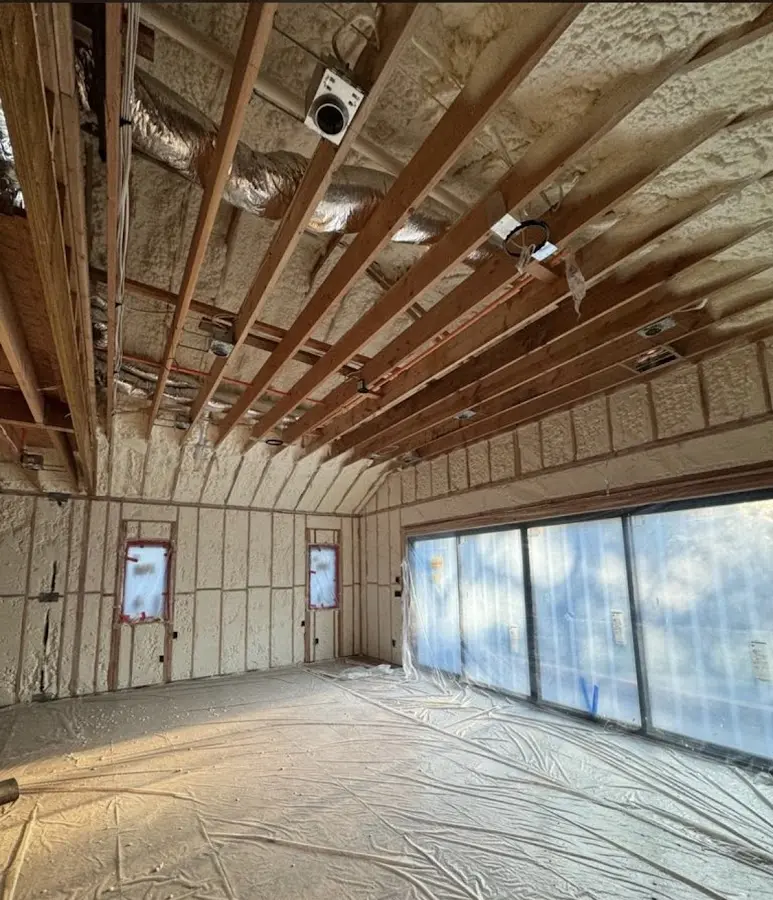 Interior walls and ceiling insulated with spray foam during new construction in Centerville